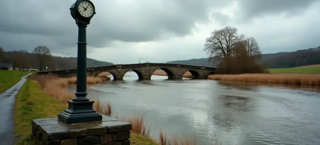 Cours d'eau à crue exceptionnelle enregistrée de plus de trois mètres de hauteur, rivière en crue débordant largement sur ses berges avec un repère de crue visible au premier plan
