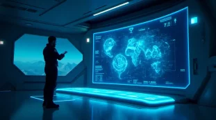 Interface holographique d'un courtier technologique dans une station spatiale futuriste d'Elite Dangerous, pilote consultant des modules exclusifs