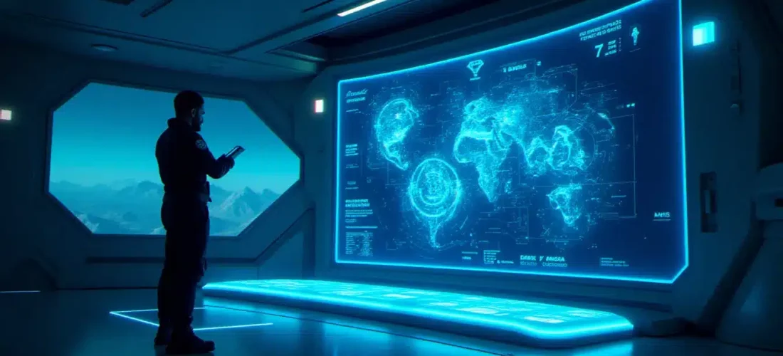 Interface holographique d'un courtier technologique dans une station spatiale futuriste d'Elite Dangerous, pilote consultant des modules exclusifs