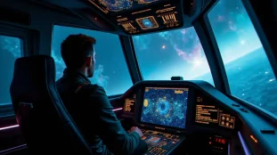 Cockpit de vaisseau spatial dans Elite Dangerous avec interface du Frame Shift Drive affichant les données de portée de saut, illustrant la mécanique elite dangerous tech broker fsd
