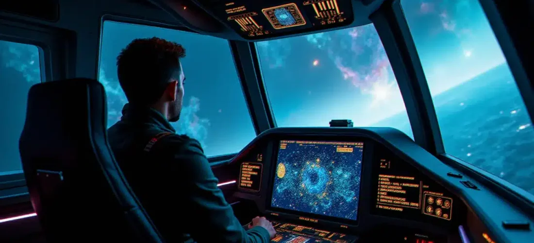 Cockpit de vaisseau spatial dans Elite Dangerous avec interface du Frame Shift Drive affichant les données de portée de saut, illustrant la mécanique elite dangerous tech broker fsd