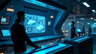 Interface holographique d'un tech broker humain dans une station spatiale futuriste d'Elite Dangerous, représentant l'échange de modules avancés