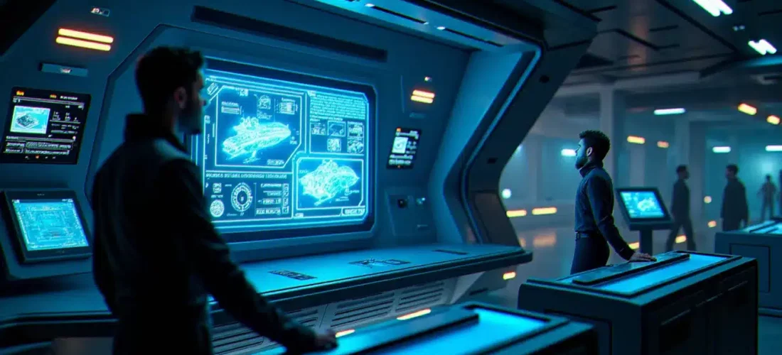 Interface holographique d'un tech broker humain dans une station spatiale futuriste d'Elite Dangerous, représentant l'échange de modules avancés