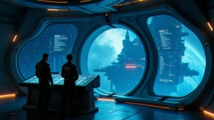 Intérieur d'une station orbitale dans Elite Dangerous avec interfaces holographiques affichant les elite dangerous tech broker locations disponibles dans la galaxie