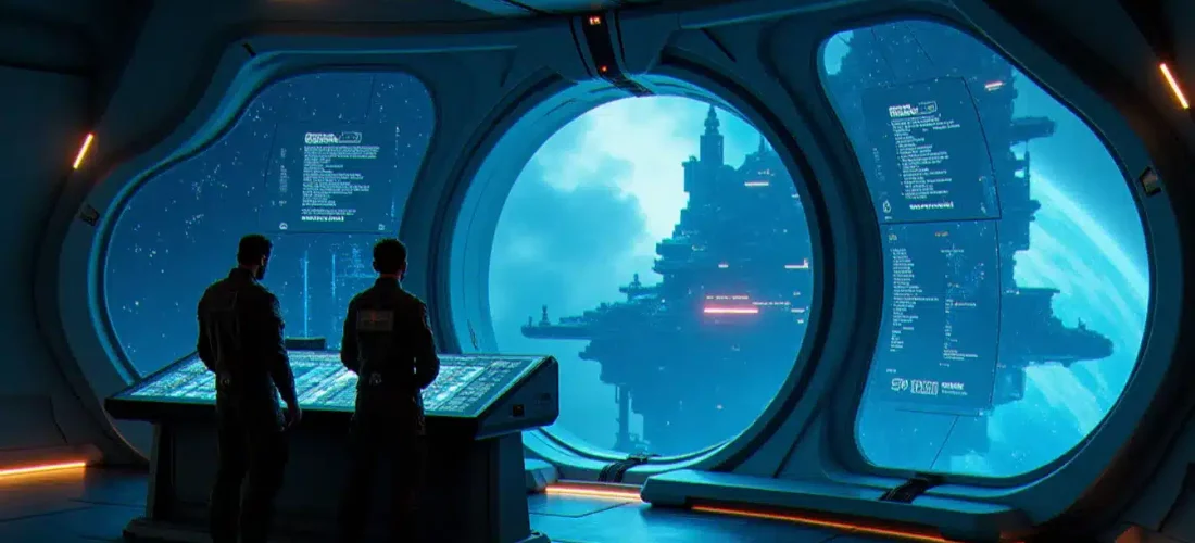Intérieur d'une station orbitale dans Elite Dangerous avec interfaces holographiques affichant les elite dangerous tech broker locations disponibles dans la galaxie