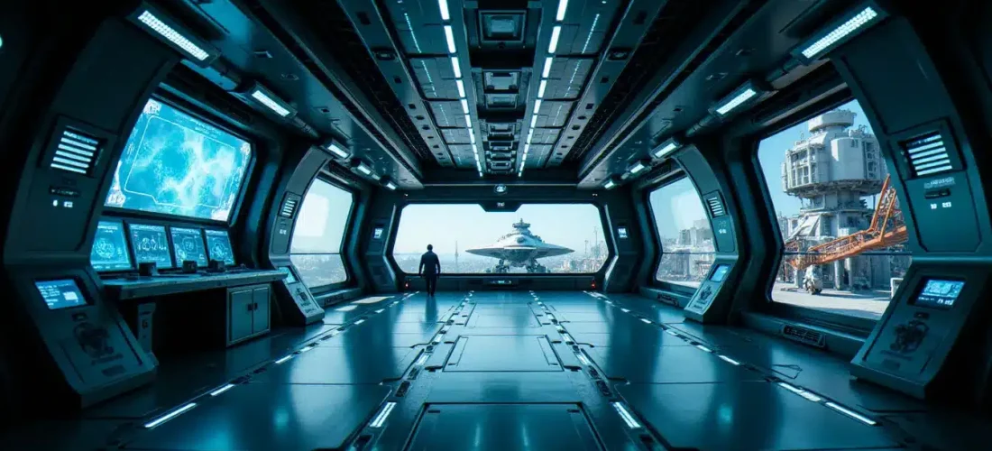 Station spatiale futuriste avec équipements technologiques avancés illustrant le concept d'elite dangerous tech level dans un environnement de science-fiction photoréaliste