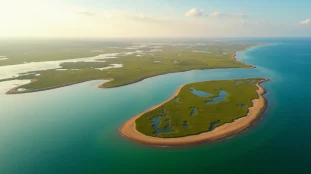 Vue aérienne du fleuve côtier Hérault se jetant dans la Méditerranée en région Occitanie, avec ses zones humides et le littoral en arrière-plan