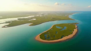 Vue aérienne du fleuve côtier Hérault se jetant dans la Méditerranée en région Occitanie, avec ses zones humides et le littoral en arrière-plan