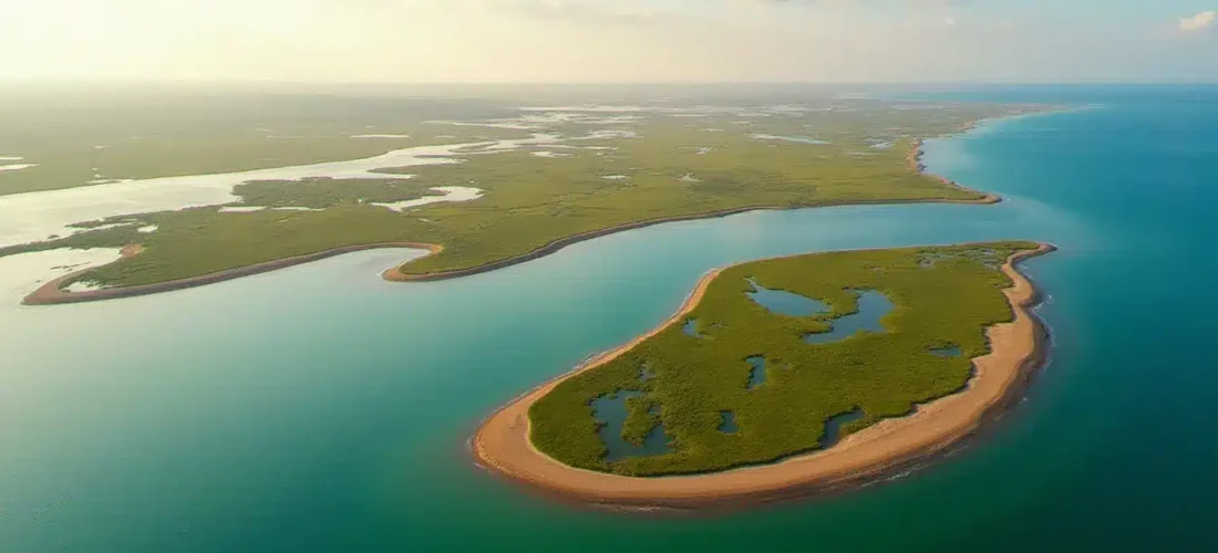 Vue aérienne du fleuve côtier Hérault se jetant dans la Méditerranée en région Occitanie, avec ses zones humides et le littoral en arrière-plan