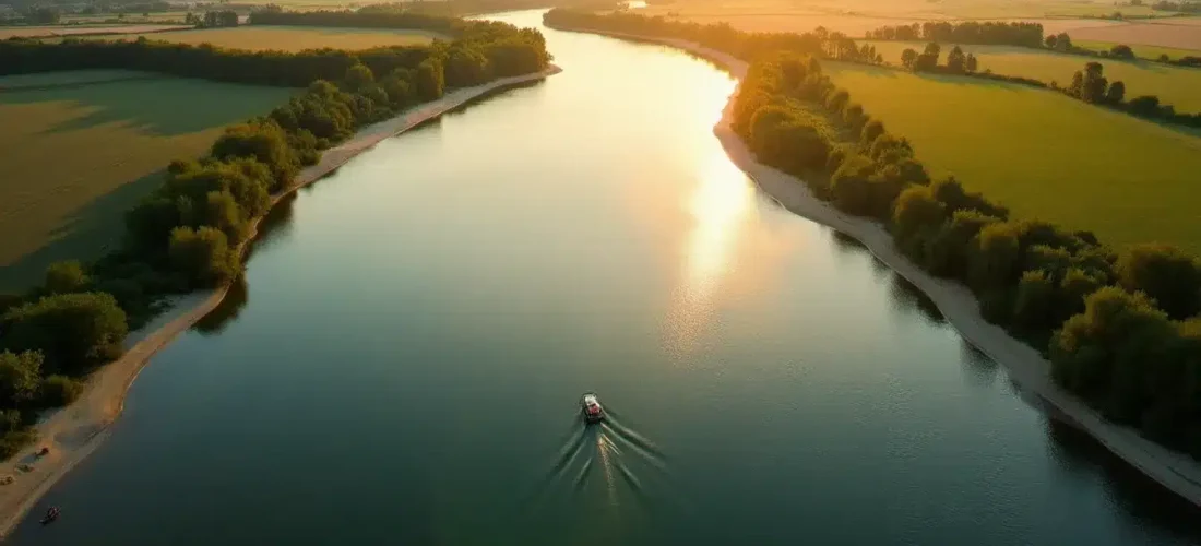 Vue aérienne du fleuve Loire serpentant dans une vallée française avec ses bancs de sable caractéristiques et ses berges verdoyantes