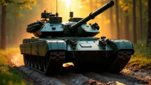 Char Leclerc de l'arbre technologique france tech tree war thunder traversant une clairière forestière européenne au coucher du soleil, camouflage militaire vert et canon 120mm en focus