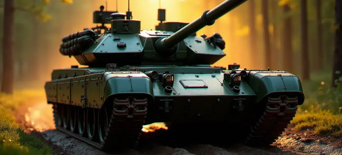 Char Leclerc de l'arbre technologique france tech tree war thunder traversant une clairière forestière européenne au coucher du soleil, camouflage militaire vert et canon 120mm en focus
