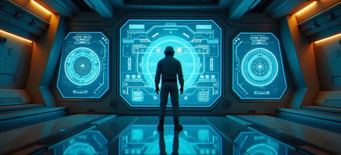 Pilote humain face à un terminal de human tech broker dans une station spatiale d'Elite Dangerous, interface holographique de déblocage de modules technologiques avancés en lumière bleue