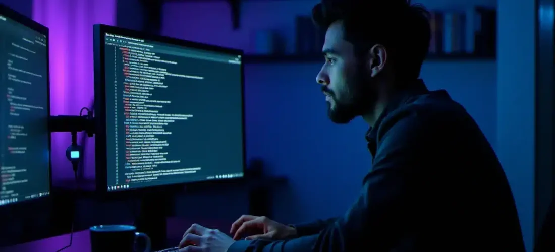 Une professionnelle de la cybersécurité saisit une requête inurl:dork dans un terminal sur double écran dans un espace de coworking parisien