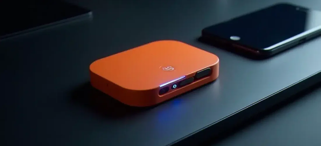 Un Flipper Zero orange posé à côté d'un iPhone sur un bureau sombre, illustrant les interactions iphone flipper dans un contexte de recherche en sécurité
