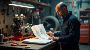 Technicien consultant un guide technique KTM posé sur un établi d'atelier à côté d'un moteur de moto démonté