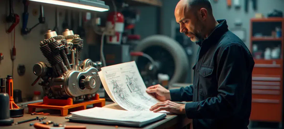 Technicien consultant un guide technique KTM posé sur un établi d'atelier à côté d'un moteur de moto démonté