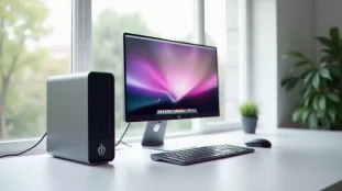 Configuration PC de bureau affichant mac os sur pc avec l'interface macOS Sonoma et le Dock Apple visible à l'écran dans un espace de travail moderne