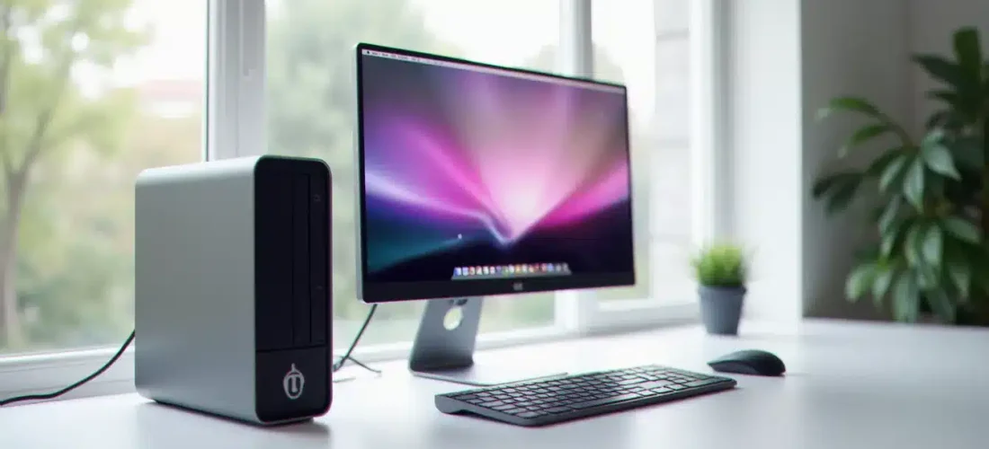Configuration PC de bureau affichant mac os sur pc avec l'interface macOS Sonoma et le Dock Apple visible à l'écran dans un espace de travail moderne