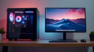 Un PC custom assemblé affichant mac OS sur un PC avec l'interface macOS Sequoia visible sur un écran 4K dans un environnement de bureau épuré