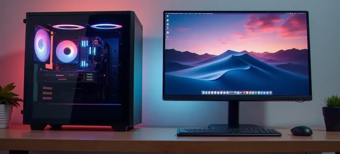 Un PC custom assemblé affichant mac OS sur un PC avec l'interface macOS Sequoia visible sur un écran 4K dans un environnement de bureau épuré