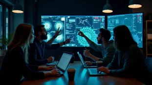 Équipe de data scientists travaillant sur des machine learning hackathon ideas autour d'un écran affichant des visualisations de modèles ML dans un espace tech parisien