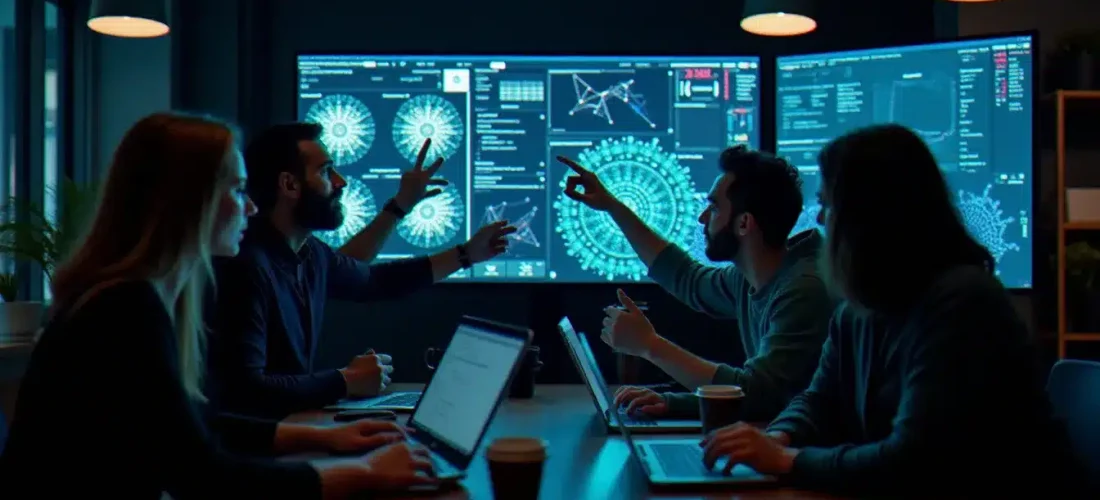 Équipe de data scientists travaillant sur des machine learning hackathon ideas autour d'un écran affichant des visualisations de modèles ML dans un espace tech parisien