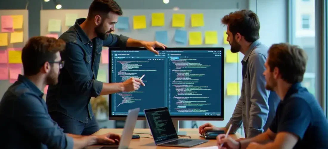 Équipe de cinq participants utilisant le mass tech lors d'un hackathon dans un espace co-working moderne, avec laptops ouverts et post-its sur vitre