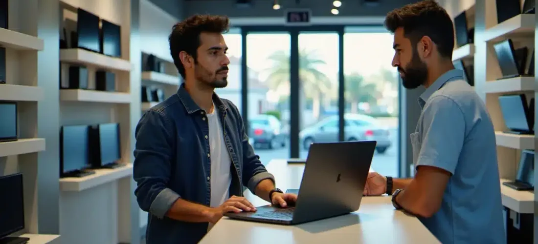 Boutique d'équipement informatique au Maroc avec des produits tech exposés, illustrant l'achat de matériel Masstech prix Maroc