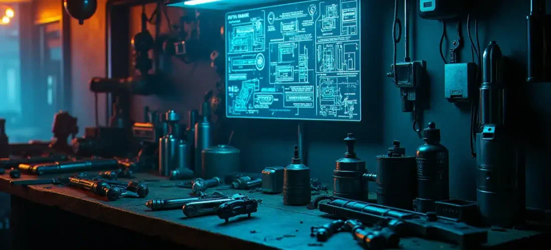 Atelier technique cyberpunk avec des armes tech démontées et des implants cybernétiques sur un établi, illustrant le meilleur tech Cyberpunk 2077