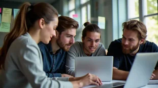 Équipe de développeurs travaillant sur le meilleur tech lors d'un hackathon à Paris, entourés de post-its et d'écrans de code