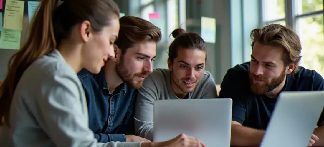 Équipe de développeurs travaillant sur le meilleur tech lors d'un hackathon à Paris, entourés de post-its et d'écrans de code