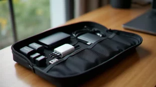Meilleur tech pouch ouvert sur un bureau en bois, avec câbles USB-C, chargeur compact et hub organisés dans les pochettes intérieures