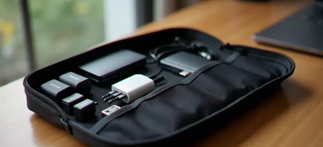 Meilleur tech pouch ouvert sur un bureau en bois, avec câbles USB-C, chargeur compact et hub organisés dans les pochettes intérieures