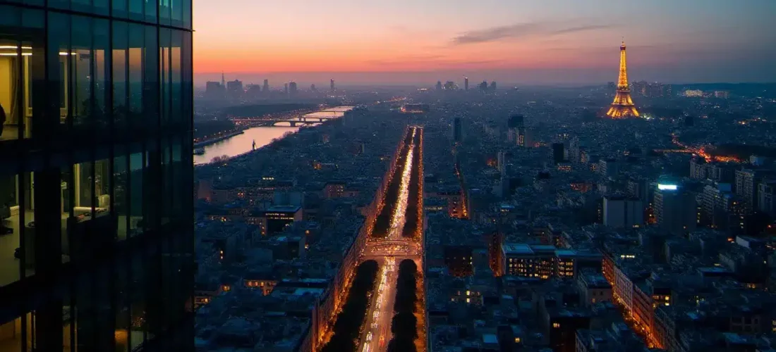 Vue aérienne de Paris au crépuscule illustrant l'écosystème net technologie Paris avec les immeubles tech modernes et la Seine en arrière-plan