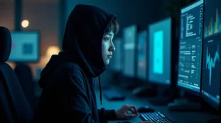 Femme portant un nike tech avec cagoule noire travaillant sur plusieurs écrans dans un espace de hackathon en éclairage nocturne