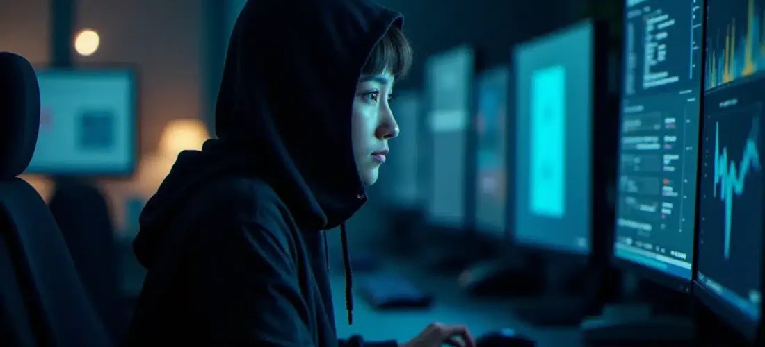 Femme portant un nike tech avec cagoule noire travaillant sur plusieurs écrans dans un espace de hackathon en éclairage nocturne