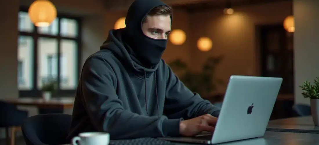 Porteur d'un nike tech avec cagoule gris anthracite travaillant intensément sur un ordinateur portable dans un espace de coworking parisien contemporain