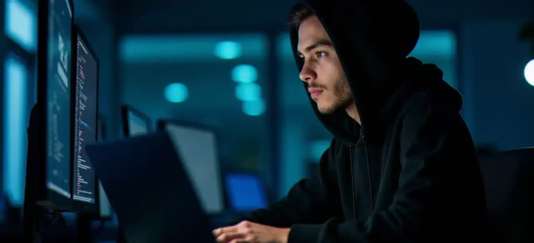 Participant en nike tech avec capuche noir travaillant sur son ordinateur lors d'un hackathon tech en soirée