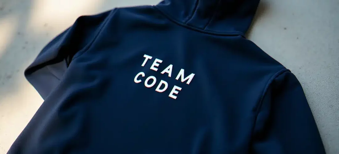 Hoodie Nike Tech Fleece avec écriture brodée en blanc sur fond épuré, personnalisation équipe hackathon style premium