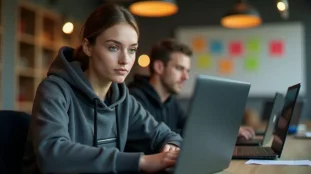 Participante à un hackathon portant un nike tech avec poche gris, assise devant plusieurs ordinateurs dans une salle de coding marathon
