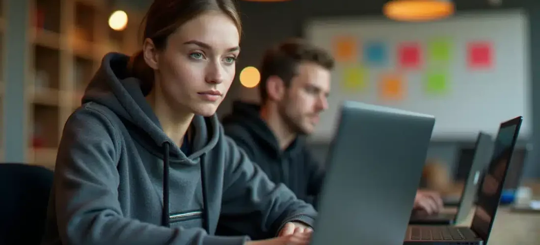Participante à un hackathon portant un nike tech avec poche gris, assise devant plusieurs ordinateurs dans une salle de coding marathon