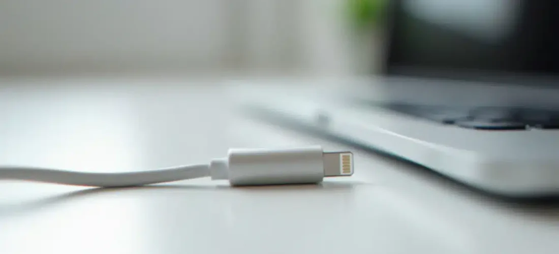 Câble USB Lightning d'apparence ordinaire posé sur un bureau blanc — représentation visuelle d'un omg cable impossible à distinguer à l'œil nu d'un câble standard