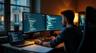 Développeur configurant un opencore patch sur un setup multi-écrans dans un appartement parisien, entouré de documentation technique et de matériel informatique