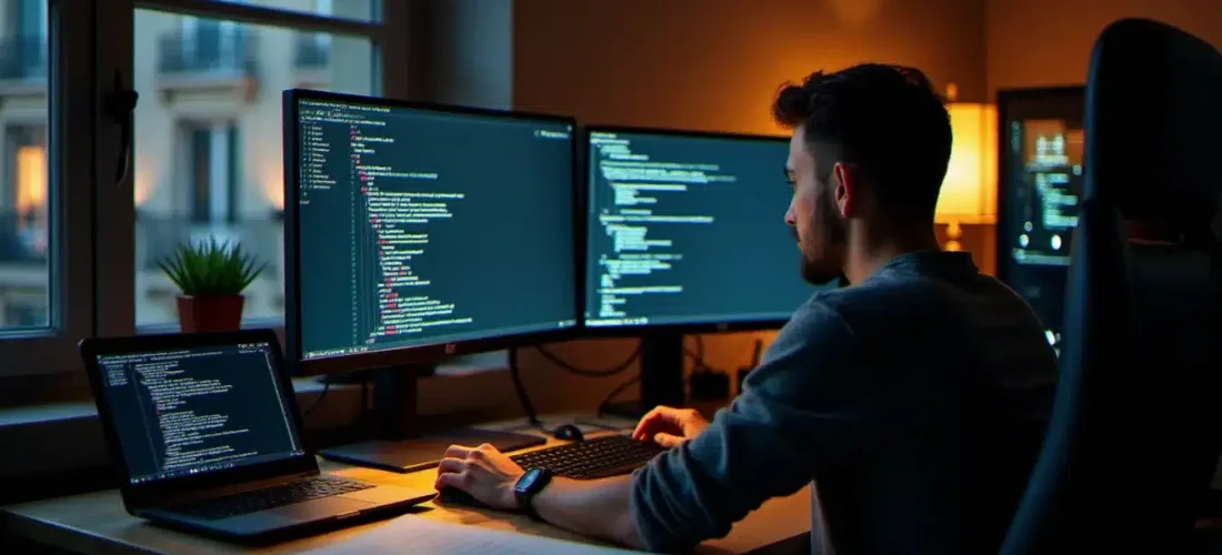 Développeur configurant un opencore patch sur un setup multi-écrans dans un appartement parisien, entouré de documentation technique et de matériel informatique
