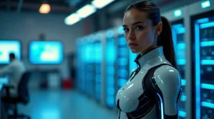 Une jeune femme en combinaison technologique futuriste représentant pourquoi Tech Jacket est une fille, debout dans un laboratoire high-tech avec des écrans holographiques