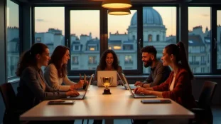 Équipe pluridisciplinaire célébrant un prix tech 2025 autour d'un trophée dans un espace de coworking moderne parisien