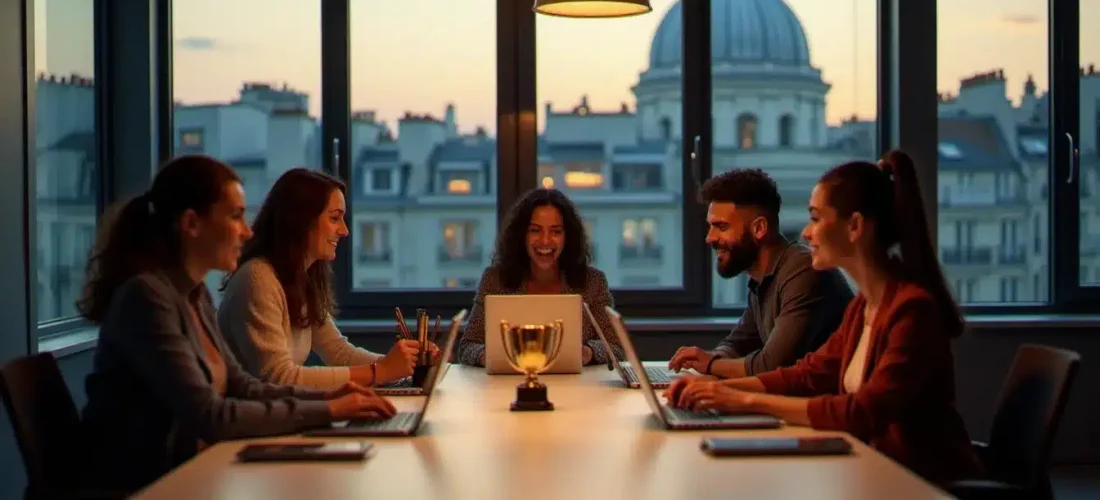 Équipe pluridisciplinaire célébrant un prix tech 2025 autour d'un trophée dans un espace de coworking moderne parisien