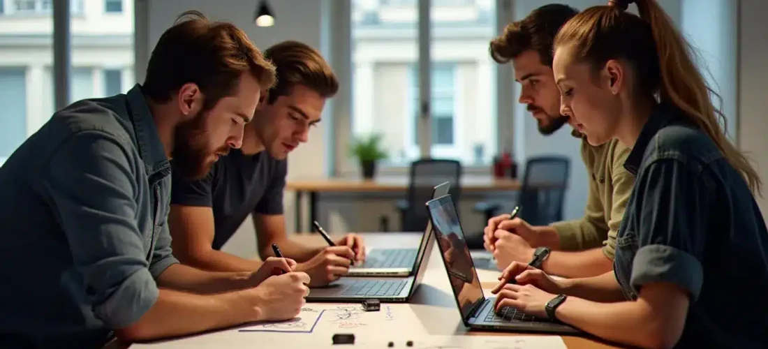 Équipe multidisciplinaire concentrée sur un prototype lors d'un hackathon prix tech gym à Paris