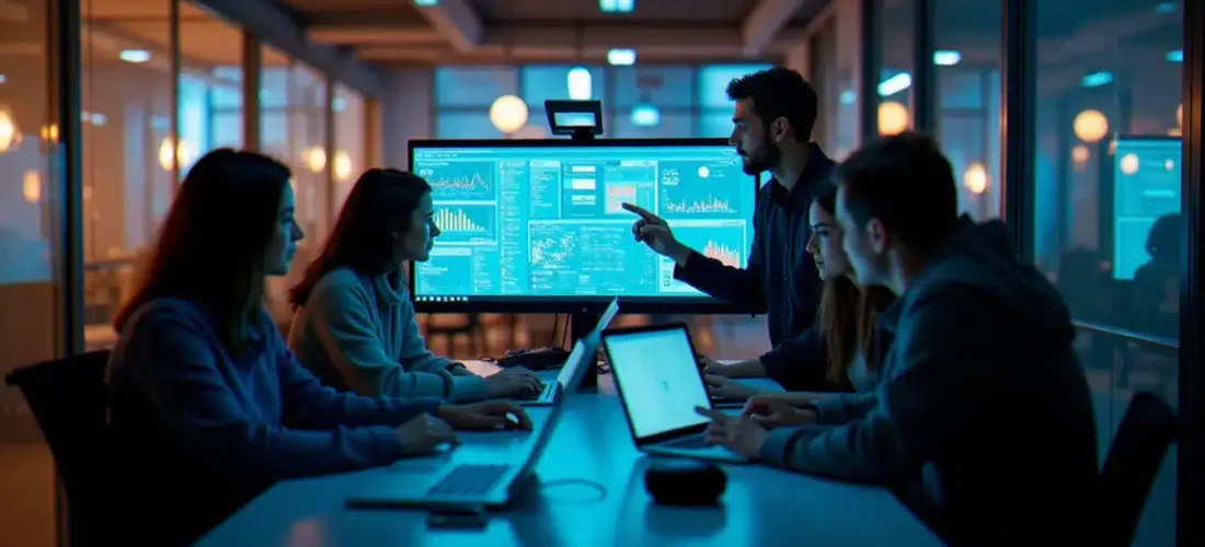 Équipe de hackathon travaillant intensément le soir sur leur projet tech pour remporter le prix tech max 2025 lors d'une compétition parisienne